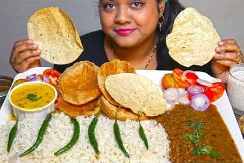 Indian Food | Papad, Dal Makhni, Poori, Aloo Dahi, Basmati Rice, Raita, Salad, Chillies Eating ASMR