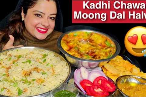 EATING KADHI CHAWAL, MOONG DAL HALWA, CHUTNEY CHIPS & SALAD | Homemade Indian Veg Food MUKBANG..