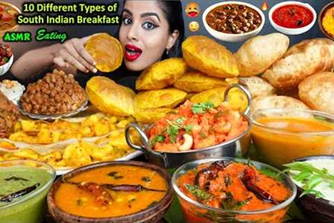 Eating Crispy Aloo Masala Dosa,Idli Vada,Chutney,Sambar,Poori South Indian Food ASMR Eating Video