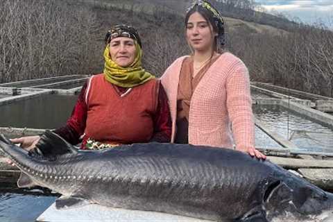 Grilling a big fish in the oven with fresh vegetables on a winter day in the village!