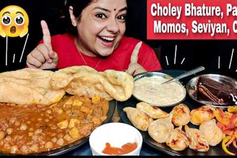 EATING CHOLEY BHATURE, MOMOS, SEVIYAN, CAKE | Indian Veg Food Mukbang