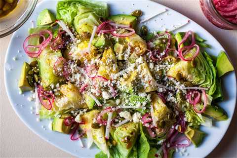 baby wedge salad with avocado and pickled onions