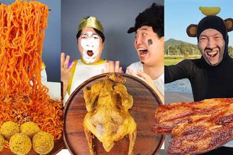 Spicy Buldak Noodles, Crispy Fried Chicken Bburinkle Cheese balls, Pork belly Mukbang ASMR
