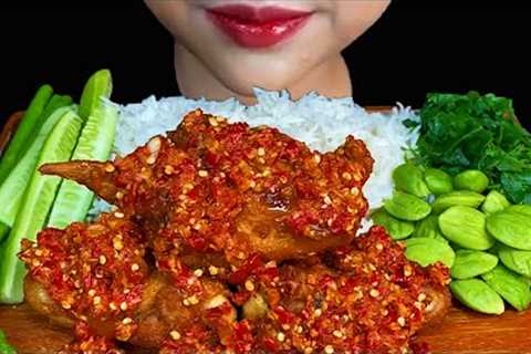 Eating Spicy Food||Fried Chicken, Spicy Chilli Sauce, Fresh Vegetables