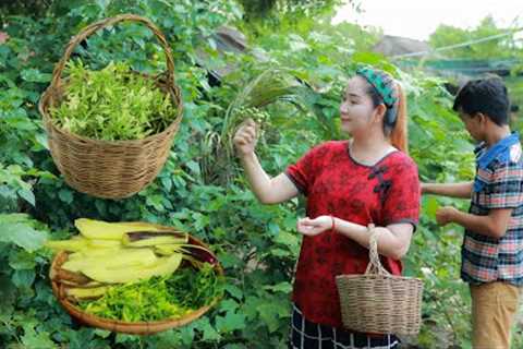 I Turn Canned Fish to delicious Recipe and Eat | Collect fresh vegetable and eat Toek Kroeurng