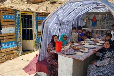 Cooking chicken and eggplant for nomadic family lunch and baking local bread