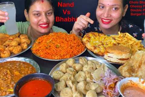 Eating Spicy 🔥 Chole Bhature, Chowmin, Paneer Momo, Pizza , Burger, Spring Roll, Fried Momo, Fries