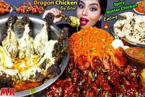 ASMR Eating Spicy Dragon Chicken Masala,Butter Chicken Curry,Naan,Rice Big Bites ASMR Eating Mukbang