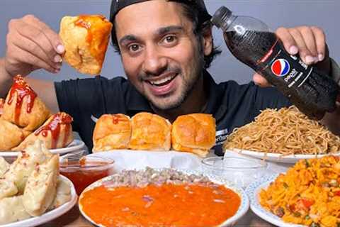 Eating Pao Bajji, Spicy Samosa, Paneer Momo, Bheal puri & Chowmein | Indian Street Food Mukbang