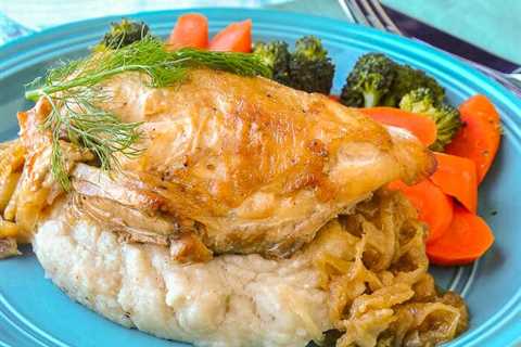 Braised Onion Fennel Chicken with Brown Butter and Roasted Garlic Mashed Potatoes